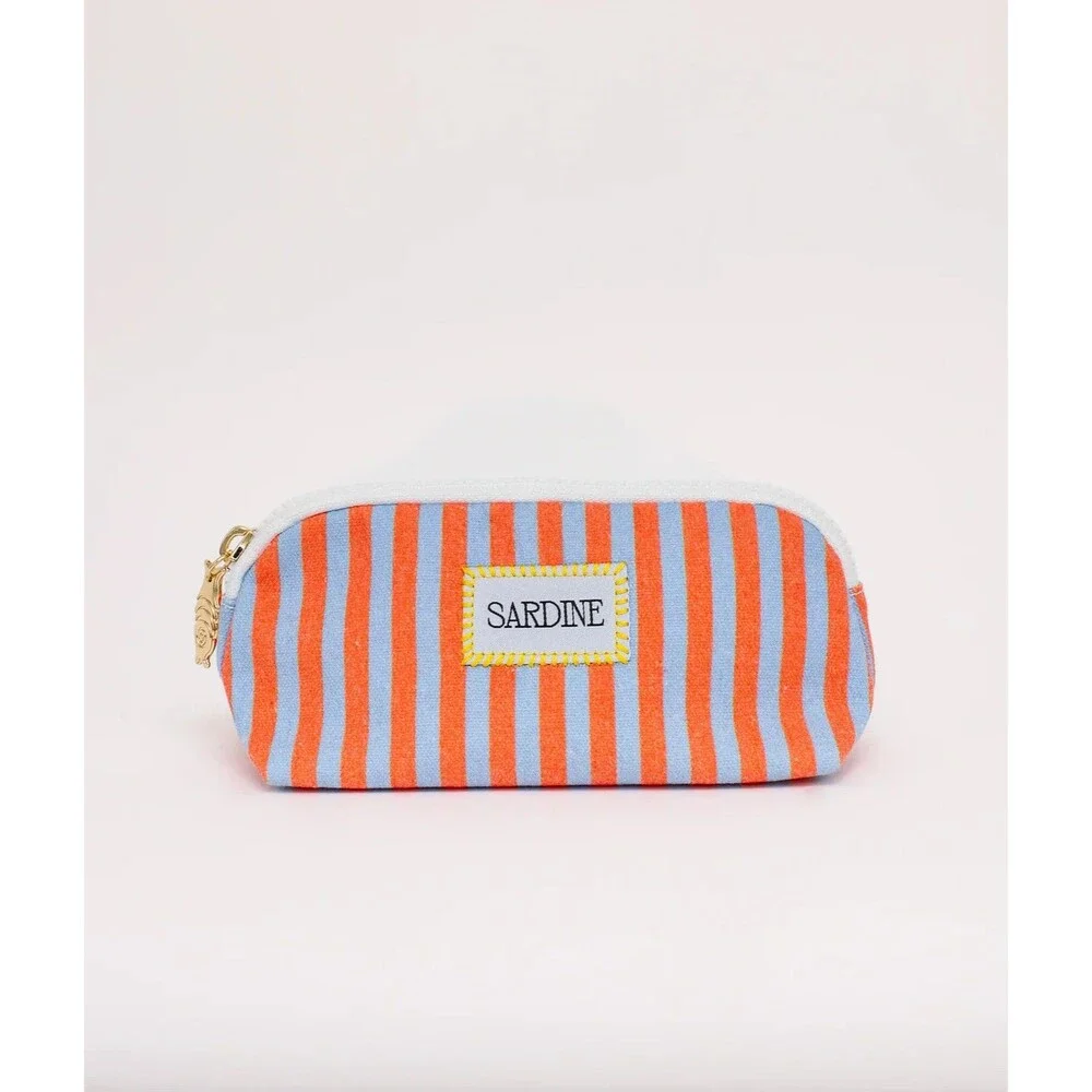 Striped Makeup Pouch Sardine Euro Summer Zip Toiletry Holder Coastal Cabana New